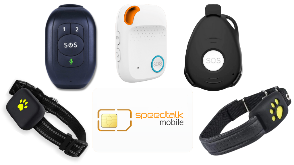 Lineup of GPS tracking devices incuding collars for pets and SOS button trackers with a SpeedTalk Mobile SIM card in front of them
