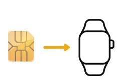 Nano SIM card with an arrow pointing to outline of a smartwatch