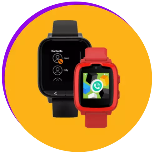A smartwatch for kids in front of a larger smartwatch for adults